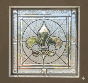 A square, clear textured stained glass window featuring a central Fleur-de-lis design surrounded by geometric patterns and clear bevels.