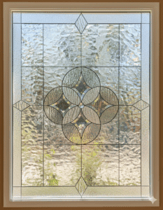 A rectangular leaded glass window with a symmetrical, geometric design. The centerpiece is a floral medallion made of four interlocking circles, featuring a central glass jewel and patterned beveled glass. The design is crafted entirely from clear glass with various textures for privacy.