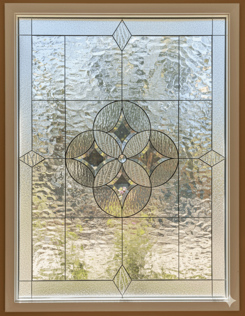 A rectangular leaded glass window with a symmetrical, geometric design. The centerpiece is a floral medallion made of four interlocking circles, featuring a central glass jewel and patterned beveled glass. The design is crafted entirely from clear glass with various textures for privacy.