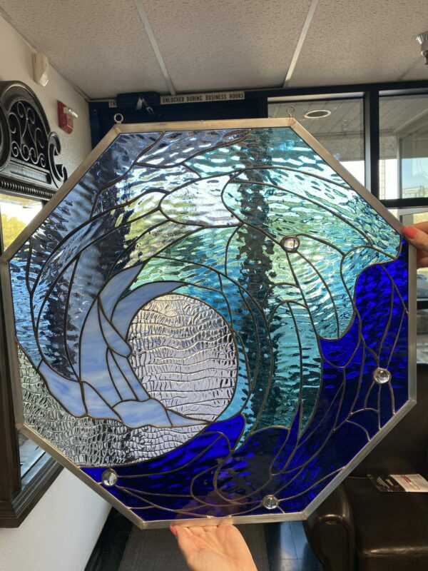 Octagonal Shaped Cresting Wave Stained Glass Window Panel