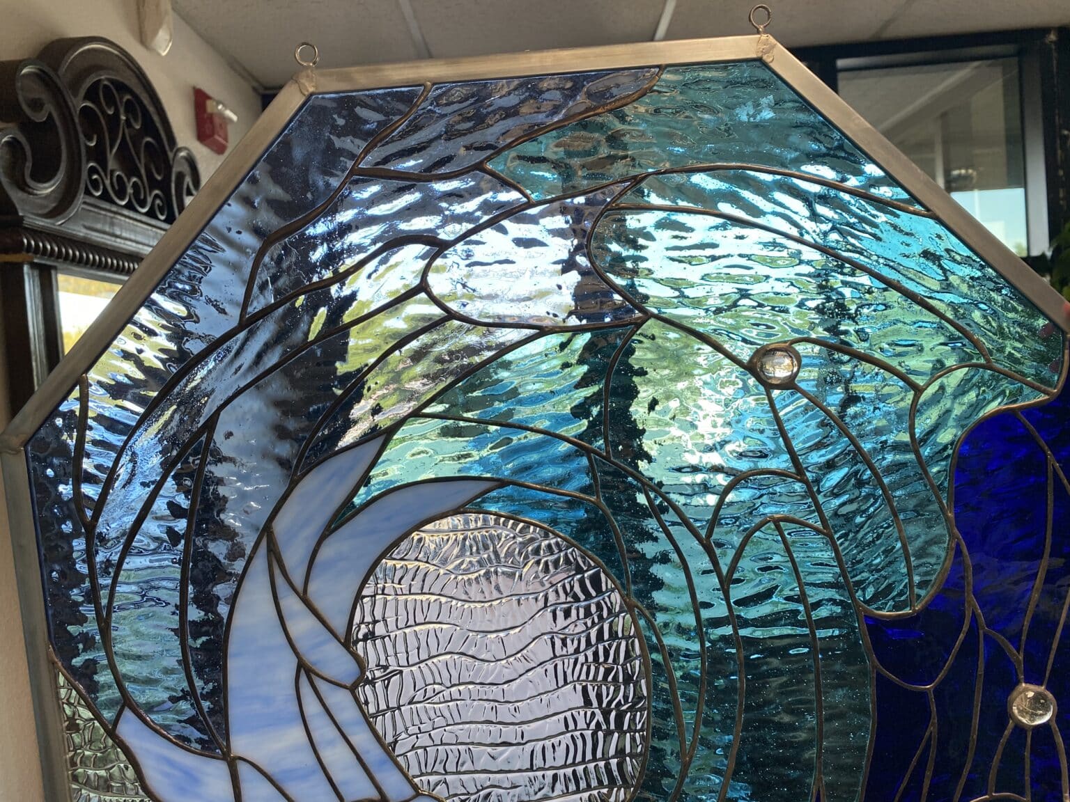 Octagonal Shaped Cresting Wave Stained Glass Window Panel