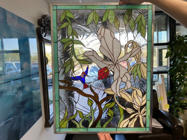 So Beautiful!! Wild Orchid & Hummingbird Stained Glass Window Panel