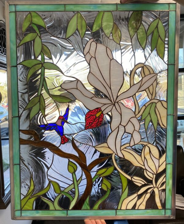 So Beautiful!! Wild Orchid & Hummingbird Stained Glass Window Panel