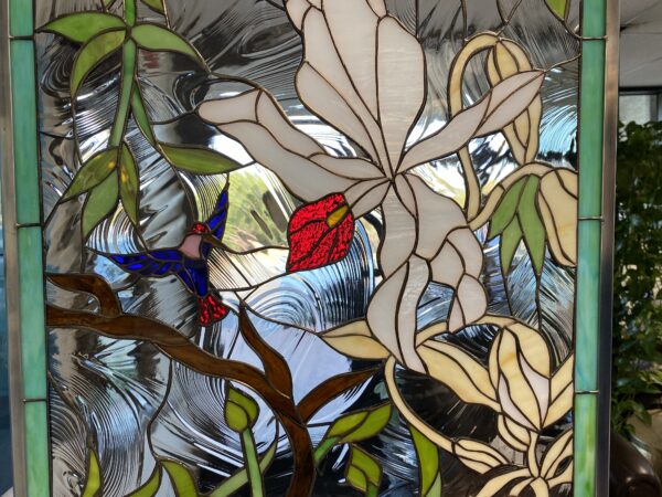 So Beautiful!! Wild Orchid & Hummingbird Stained Glass Window Panel