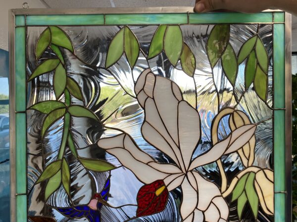 So Beautiful!! Wild Orchid & Hummingbird Stained Glass Window Panel