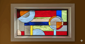 A modern, abstract stained glass window with a geometric design. The asymmetrical composition features overlapping circles, semi-circles, and rectangles made from a mix of textured glass and bold colored glass in shades of red, blue, yellow, and green.