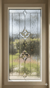 A rectangular, vinyl-framed insulated window containing a leaded glass panel. The panel features a symmetrical design with a central vertical column of ornate, clear beveled glass clusters set against a heavily textured clear privacy glass background.