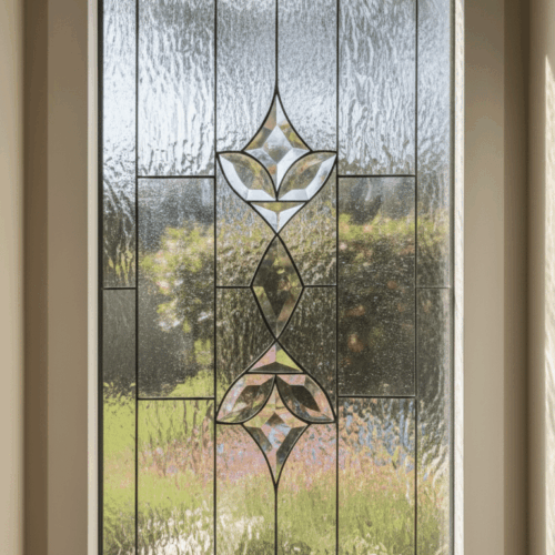 A rectangular, vinyl-framed insulated window containing a leaded glass panel. The panel features a symmetrical design with a central vertical column of ornate, clear beveled glass clusters set against a heavily textured clear privacy glass background.
