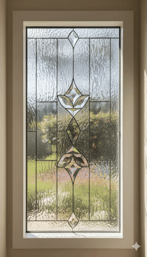 A rectangular, vinyl-framed insulated window containing a leaded glass panel. The panel features a symmetrical design with a central vertical column of ornate, clear beveled glass clusters set against a heavily textured clear privacy glass background.