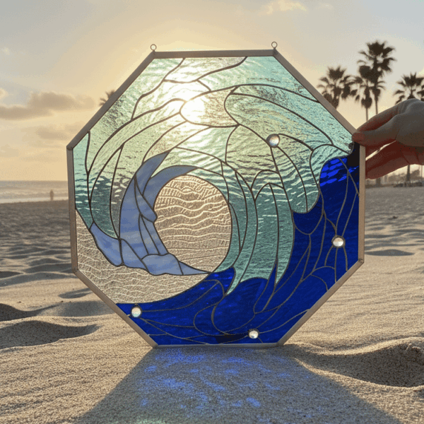 Octagonal Shaped Cresting Wave Stained Glass Window Panel