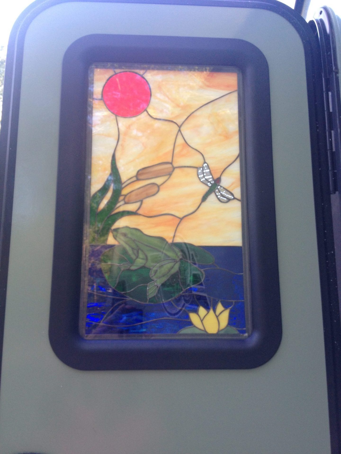 Stained Glass insert Installed Into An RV Camper Door