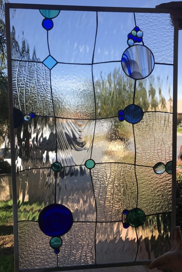 "Bubbles" Geometric Abstract Stained Glass Window Panel Or Cabinet Insert