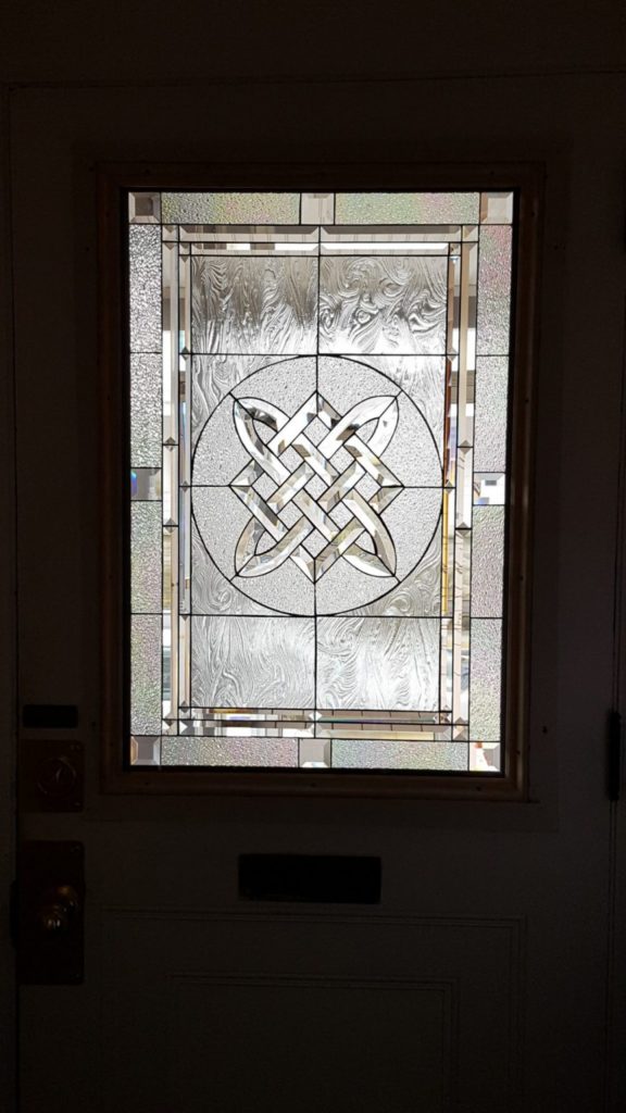 Beveled Glass Impact Resistant Tempered Glass Celtic Knot Insert Installed Into Door