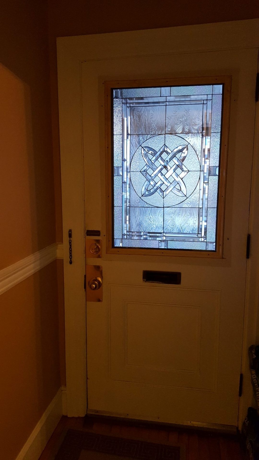 Beveled Glass Celtic Knot Insert Installed Into Door