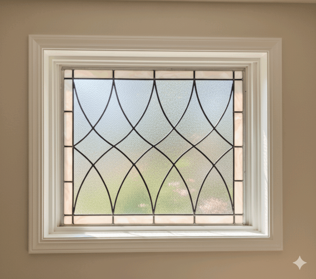 A rectangular stained glass panel with a classic, repeating pattern of curved, pointed oval shapes. The central design is made of clear, textured privacy glass and is framed by a simple border of off-white opalescent glass.