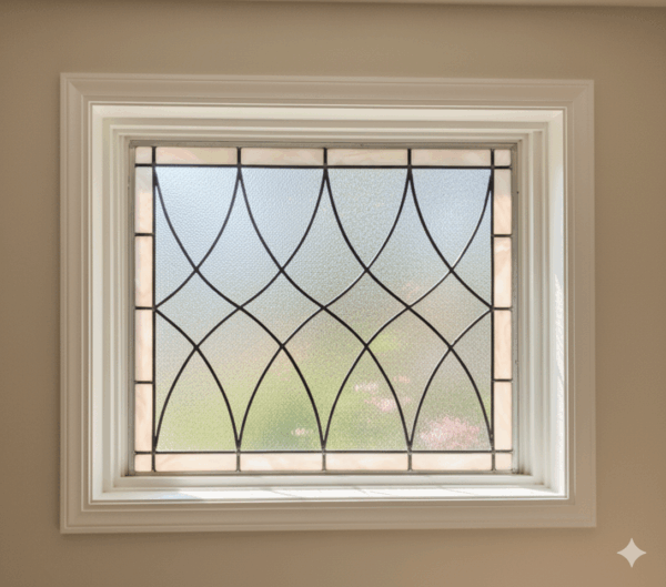 A rectangular stained glass panel with a classic, repeating pattern of curved, pointed oval shapes. The central design is made of clear, textured privacy glass and is framed by a simple border of off-white opalescent glass.