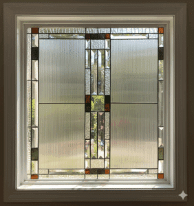 A square, Mission Craftsman style stained glass window with a symmetrical, geometric grid design. It is made of various clear textured and beveled glasses, accented with small, square jewels of amber and dark green glass.