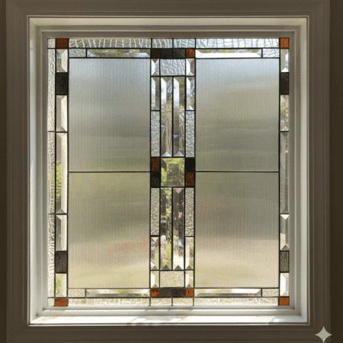 A square, Mission Craftsman style stained glass window with a symmetrical, geometric grid design. It is made of various clear textured and beveled glasses, accented with small, square jewels of amber and dark green glass.