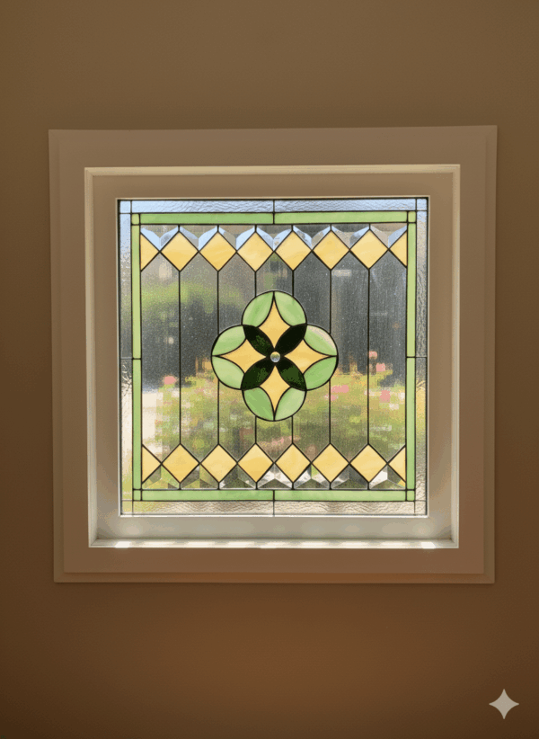 A square, vinyl-framed insulated stained glass window with a geometric design. The center features a four-leaf clover medallion in light and dark green glass, surrounded by a border of pale yellow diamond-shaped glass pieces and clear textured glass.