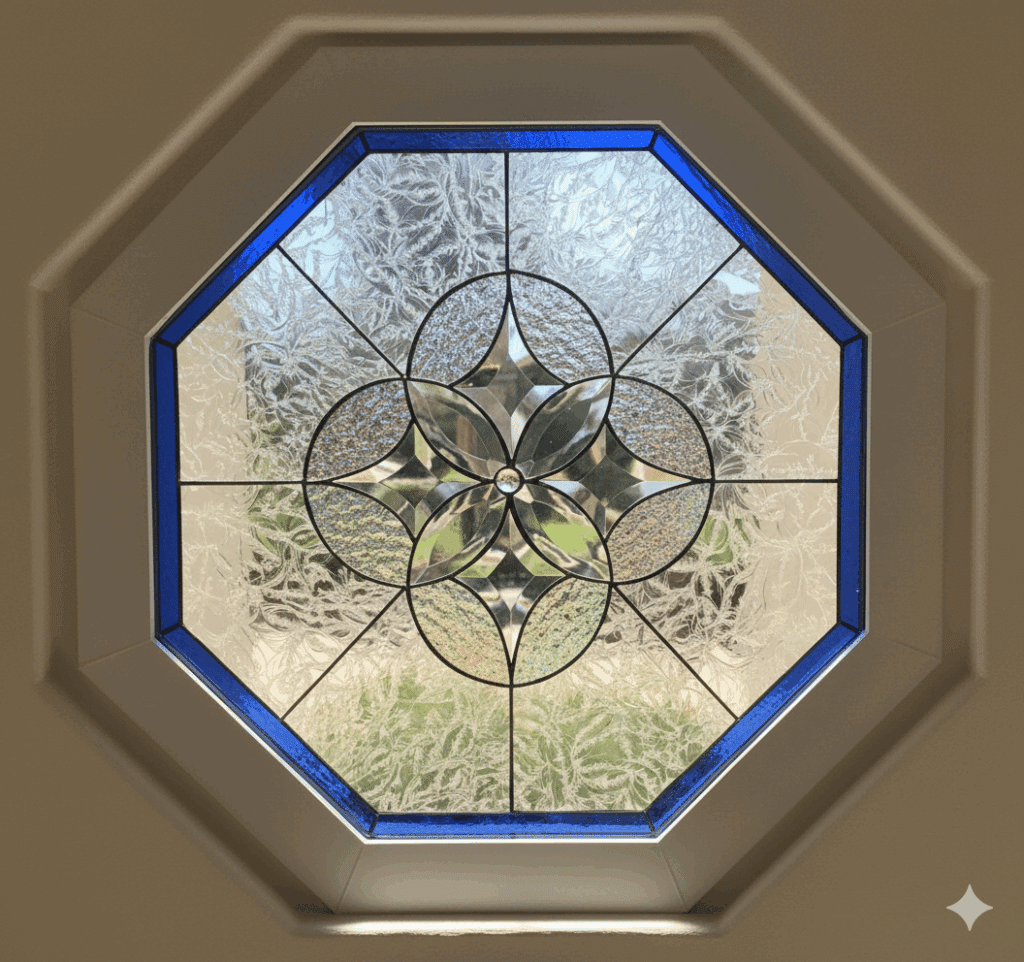An octagonal, vinyl-framed insulated window with a leaded glass panel. The panel features a symmetrical, geometric flower medallion made of four interlocking circles with beveled petals and a central jewel, framed by a cobalt blue border.