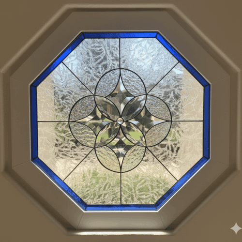 An octagonal, vinyl-framed insulated window with a leaded glass panel. The panel features a symmetrical, geometric flower medallion made of four interlocking circles with beveled petals and a central jewel, framed by a cobalt blue border.