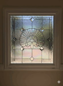 A square, clear leaded stained glass panel with a central fan-like or seashell motif and eight beveled glass accents.