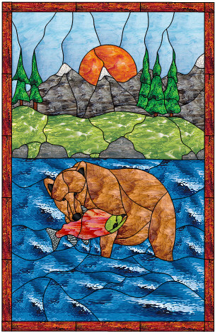 All Original! Bear Catching A Humpy Salmon In Alaska Stained Glass Window Panel
