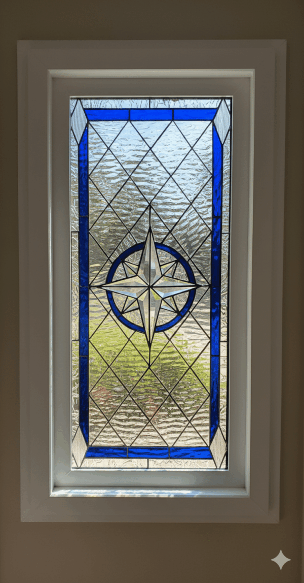 A rectangular stained glass window panel featuring a central clear beveled compass rose design, encircled by a royal blue ring. The background consists of clear textured glass arranged in a diamond pattern, framed by a vibrant blue border. The panel is set in a white window frame.