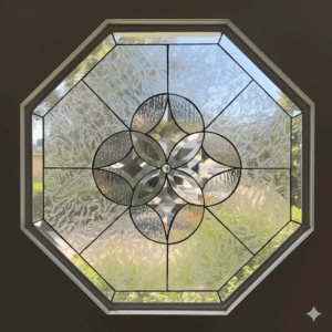 An octagonal leaded glass window with a symmetrical, geometric flower design. The central flower is made of four interlocking circles with beveled petals and a faceted jewel in the middle. The panel is made entirely of various clear, textured privacy glasses.