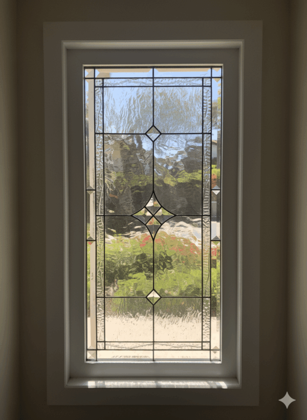 Vinyl Framed and Tempered Glass Insulated!! The "Palm Springs" Stained Glass & Beveled Window
