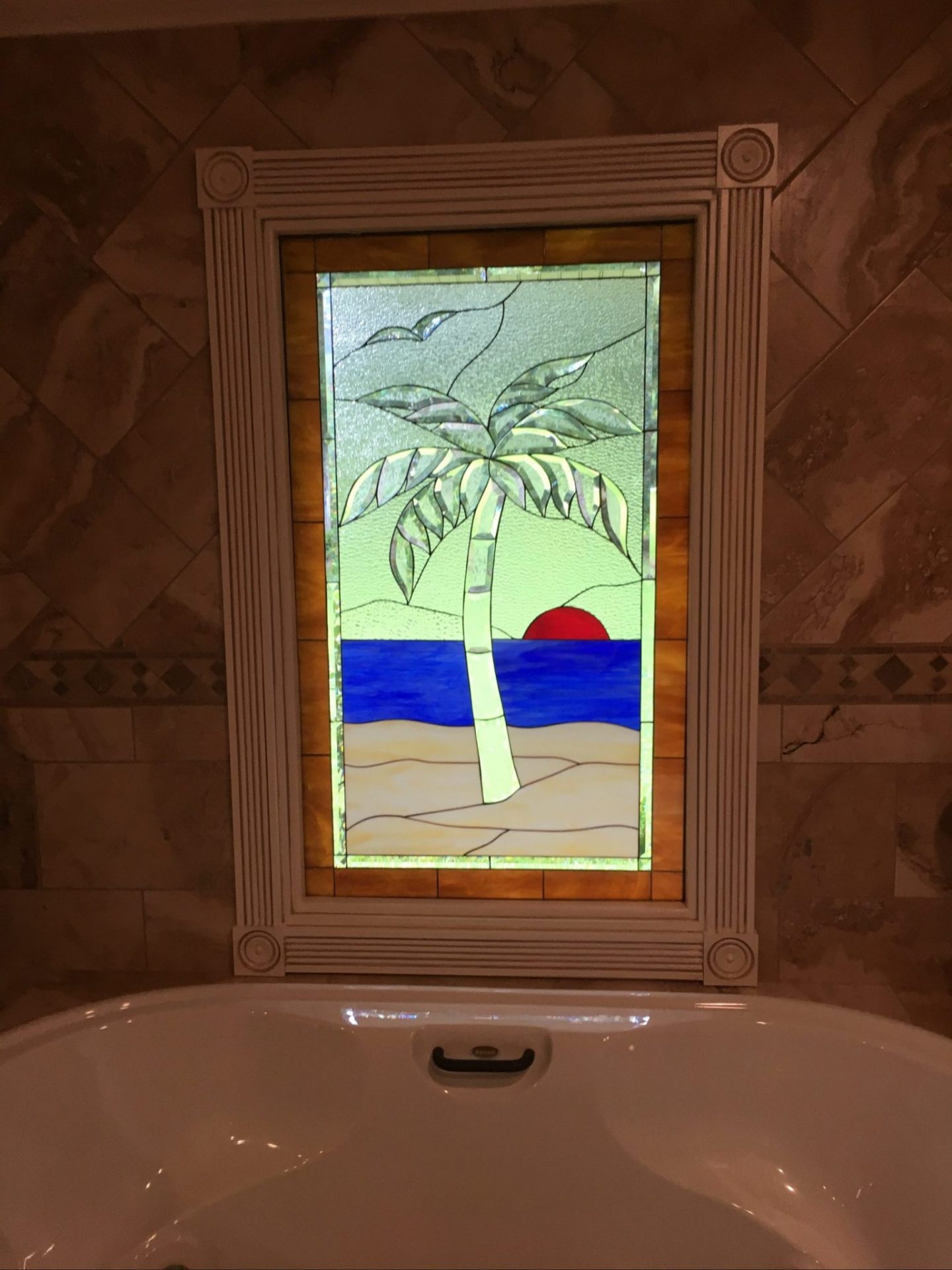 Exquisite Palm Tree Stained Glass Window Installed Over Bathtub