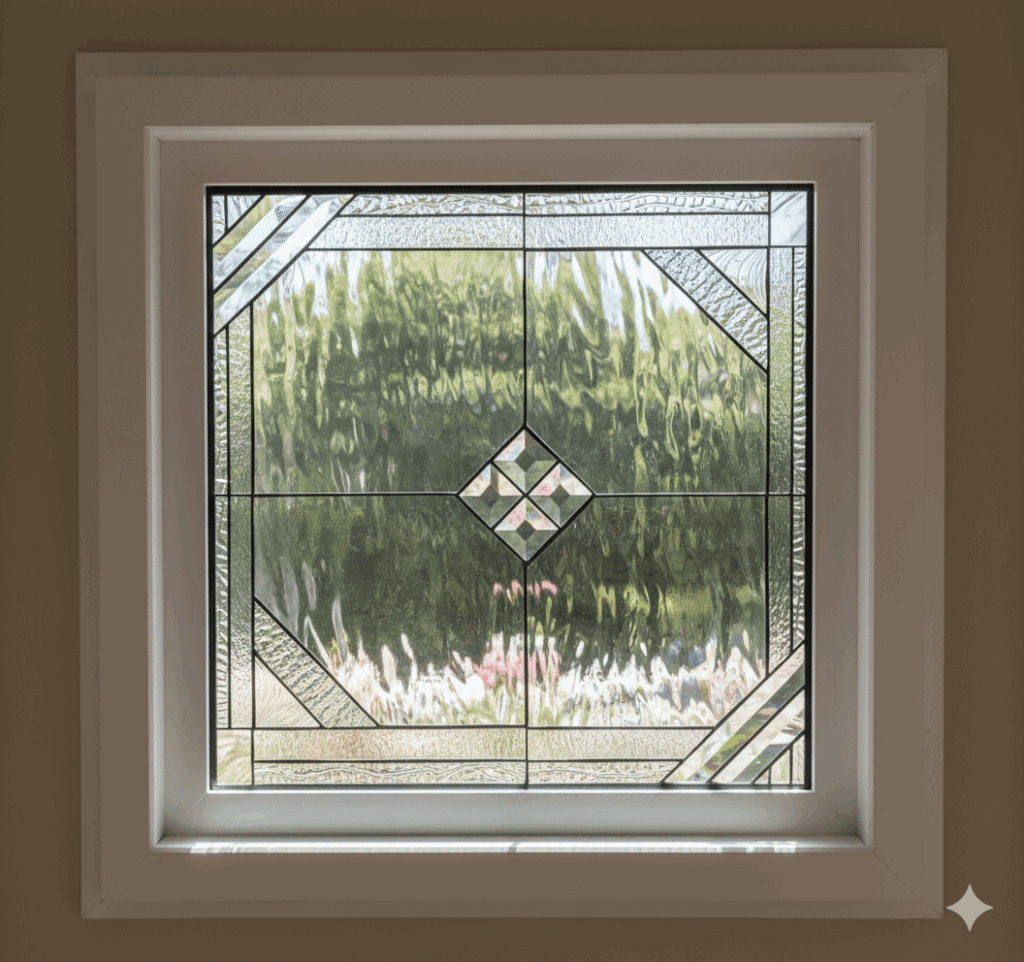 A square, leaded stained glass window featuring clear textured and beveled glass with a central diamond cluster, framed in white against a light wall.