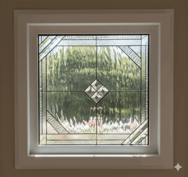 Install ready! Vinyl Framed and Insulated The "Del Mar" Leaded Stained Glass & Beveled Window