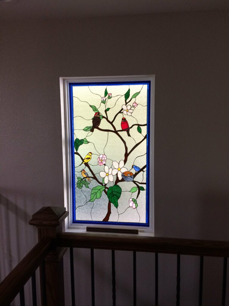Lovely Bird Stained Glass Window Insert Over Stairway