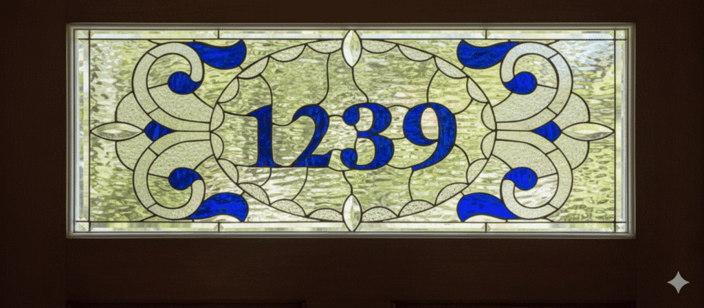 A rectangular stained glass transom window displaying the address '1239'. The numbers are in a bold, blue font, centered within an ornate oval frame of white and blue scrollwork. The background is a textured, clear privacy glass.
