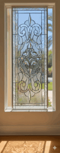 A tall, rectangular leaded stained glass panel with an ornate, symmetrical classical design. It features clear beveled glass accents and various textured clear glass panes, set in a black framework, installed in a white window frame with outdoor foliage visible.