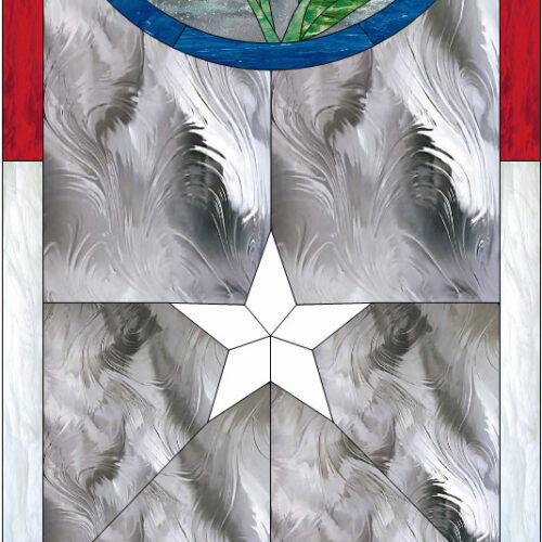 A rectangular leaded stained glass panel with a patriotic theme. The top features a circular medallion with a red tulip, white lily, and blue grape hyacinth flowers on a clear textured background, bordered in blue. The lower section showcases two white five-pointed stars against similar clear textured glass. The panel is framed by red, white, and blue accent strips along the top, bottom, and sides.