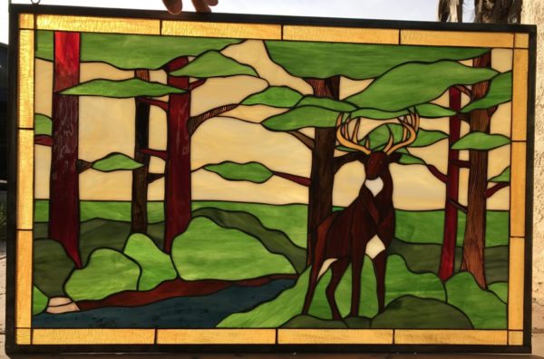 Deer/Buck In Forest Leaded Stained Glass Window Panel
