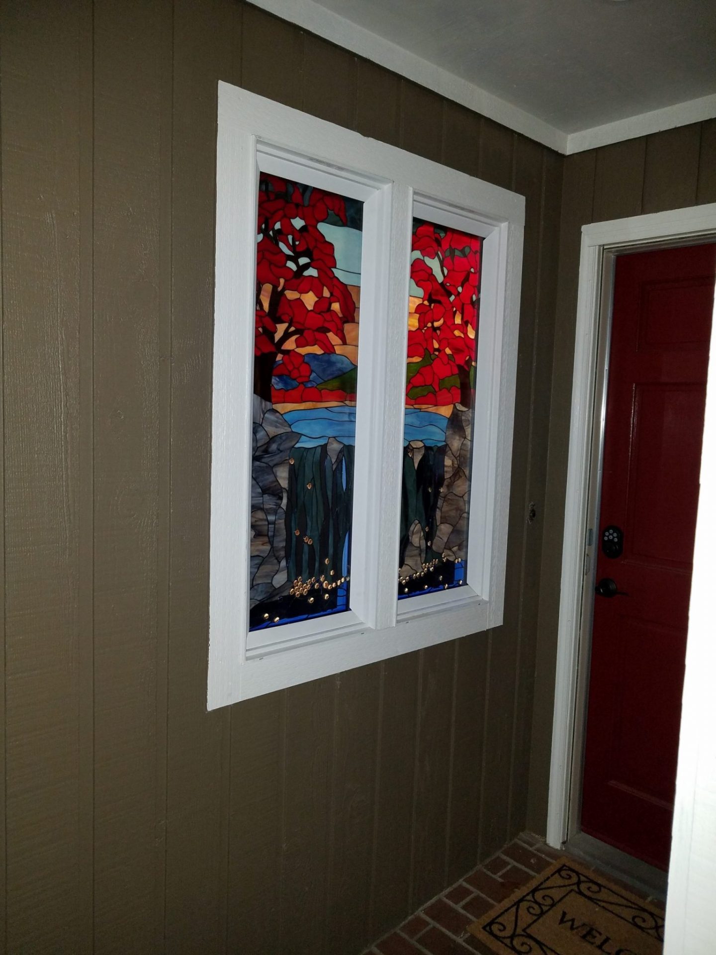Maple Tree & Waterfall Stained Glass Window Install In Entryway