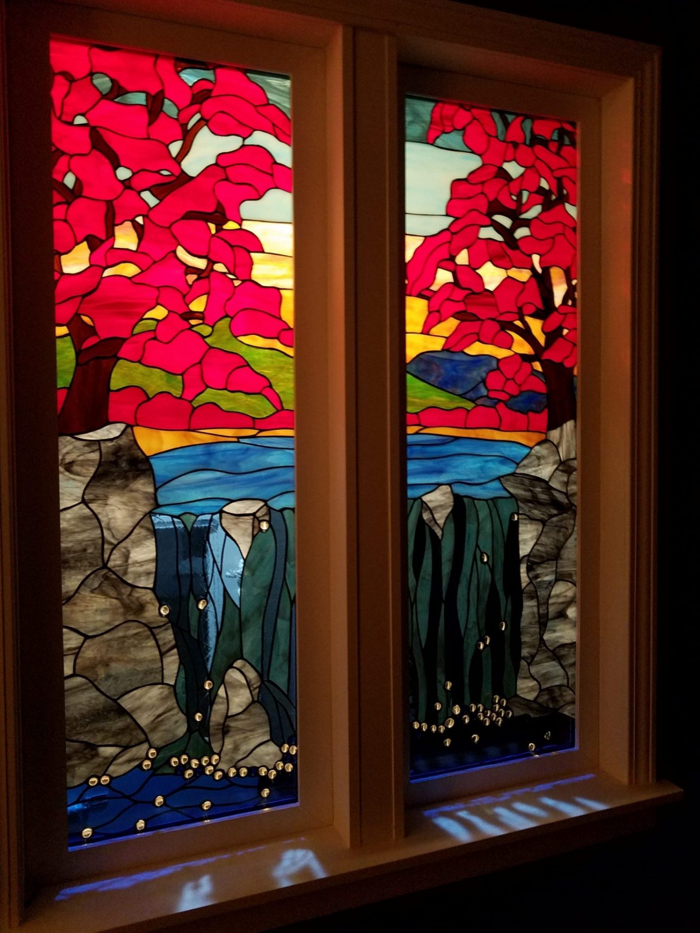 So Beautiful! Maple Tree & Waterfall Stained Glass Window Install In Entryway