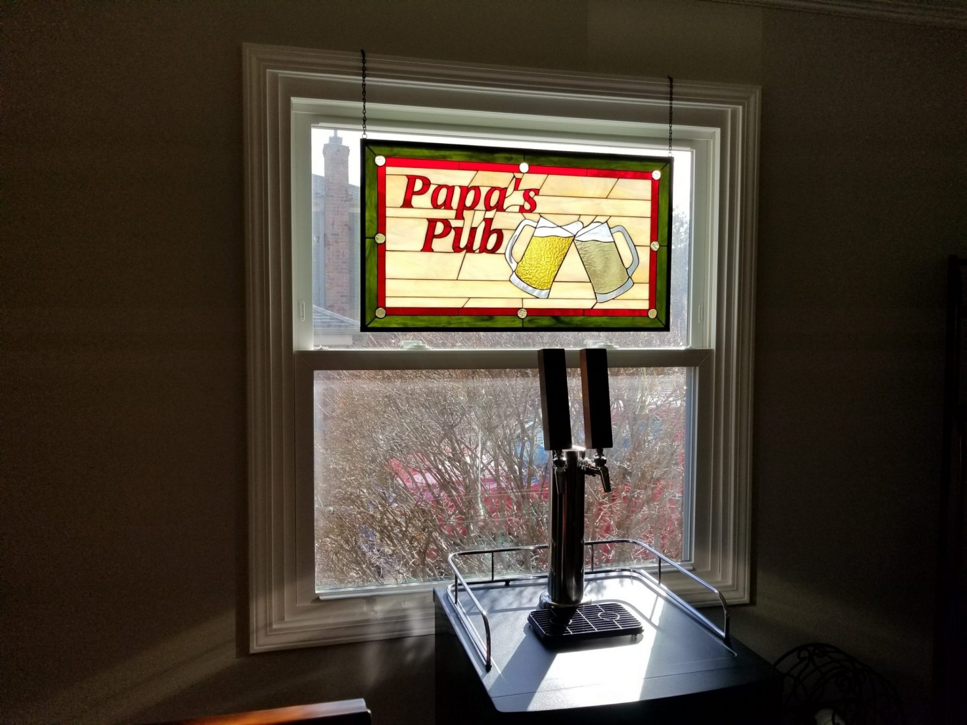 Personalized stained glass hanging panel for a home brewery