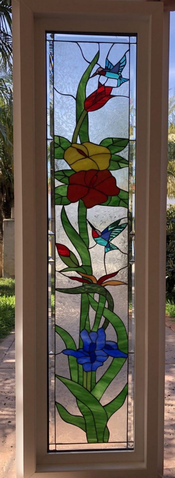 Vinyl Framed and Tempered Glass Insulated!! The "Hummingbird Garden Sidelite" Stained Glass Window