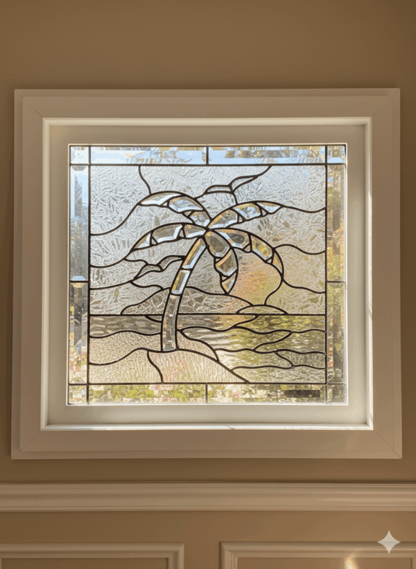 The "Palm Tree & Sunset" Beveled Leaded Stained Glass Window (Insulated In Tempered Glass & Vinyl Framed)
