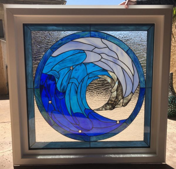 The "Incredible Cresting wave" Leaded Stained Glass Window (Insulated In Tempered Glass & Vinyl Framed)