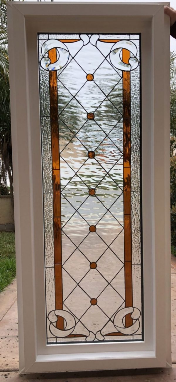 The "Amber Diamond & Jewels " Mission Beveled Leaded Stained Glass Window (Insulated In Tempered Glass & Vinyl Framed)