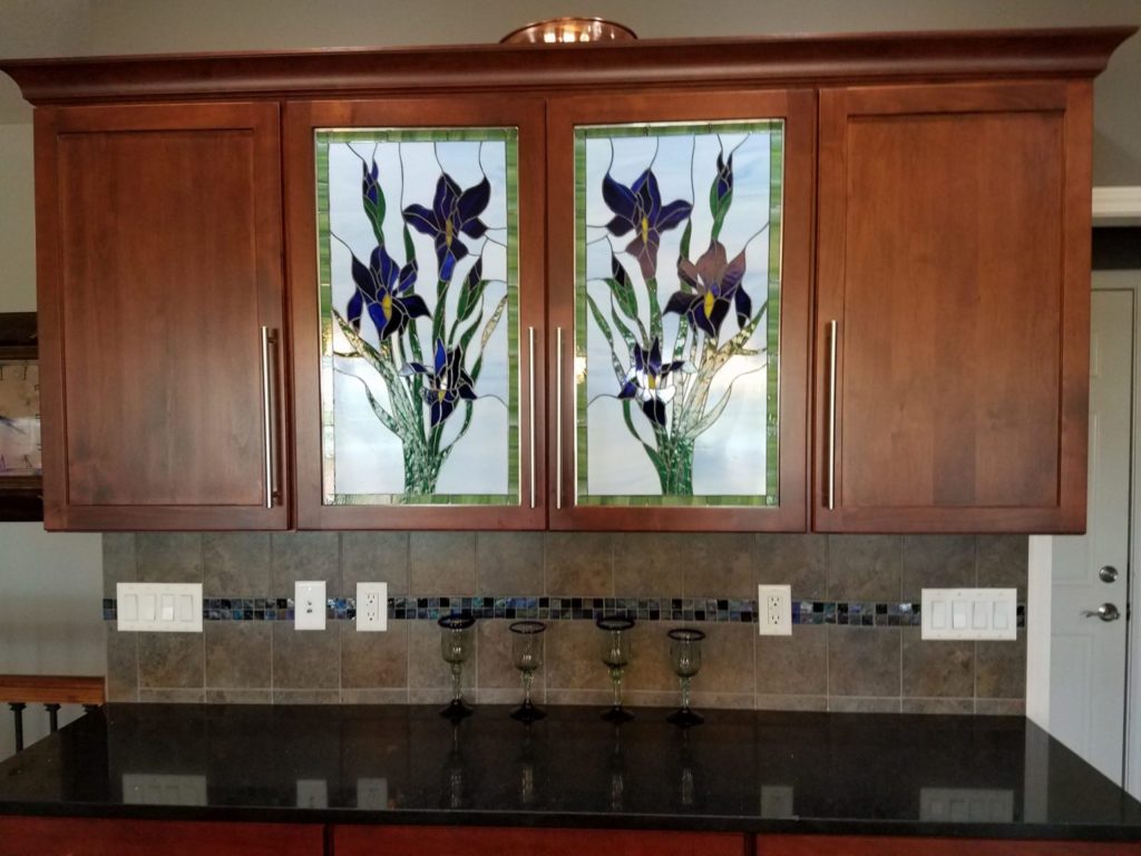 Beautiful Iris Kitchen Cabinet Backlit Stained Glass Inserts (after)