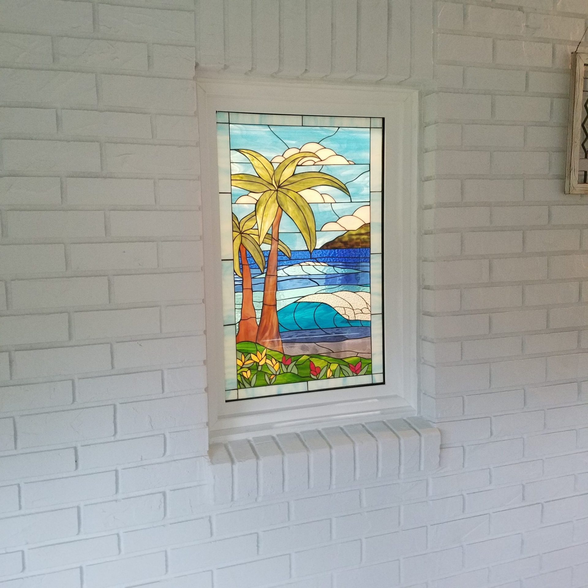 Insulated Stained Glass Palm Tree Window In Shower Area