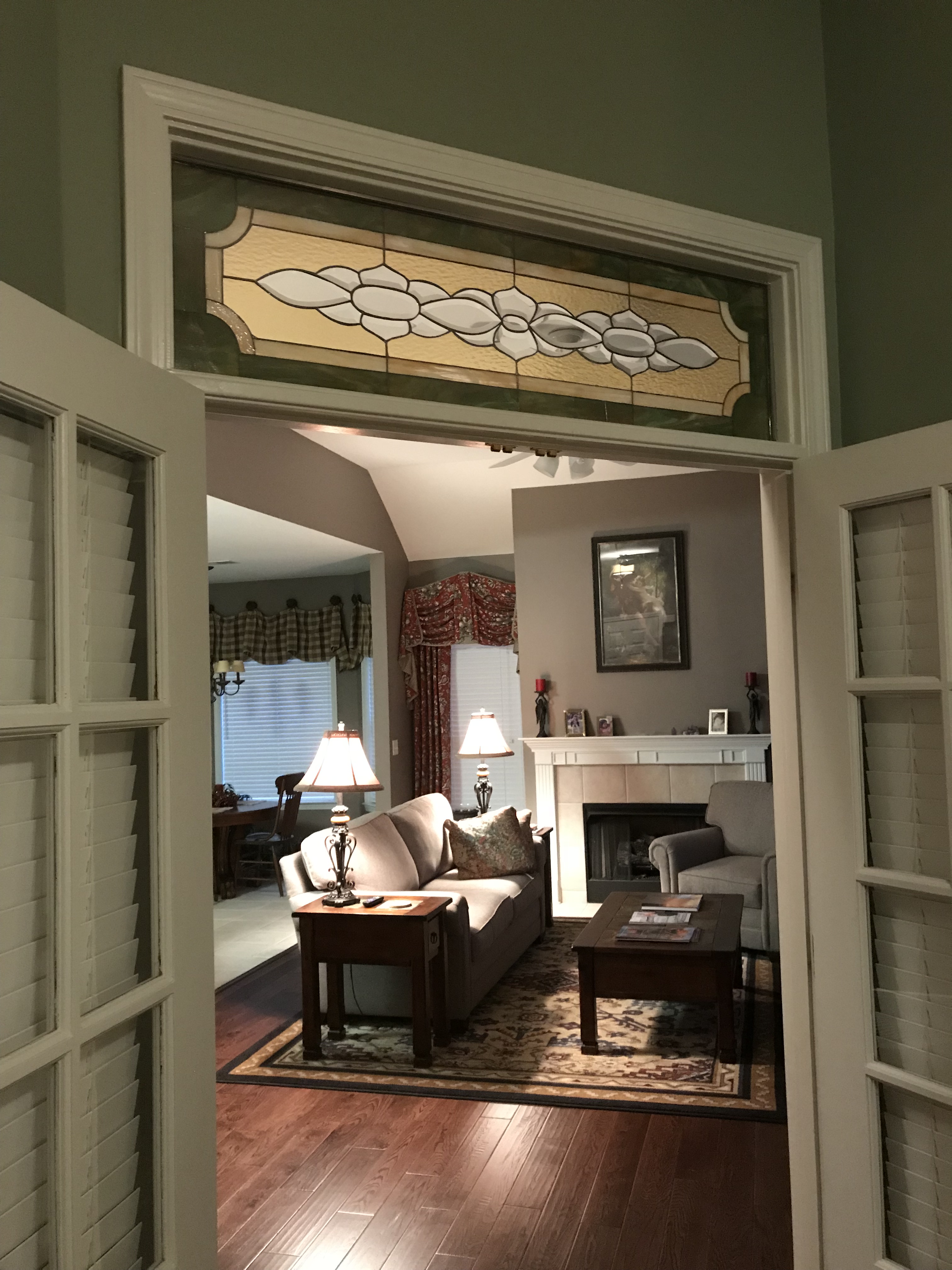 Classic Interior Transom Stained Beveled Window Above