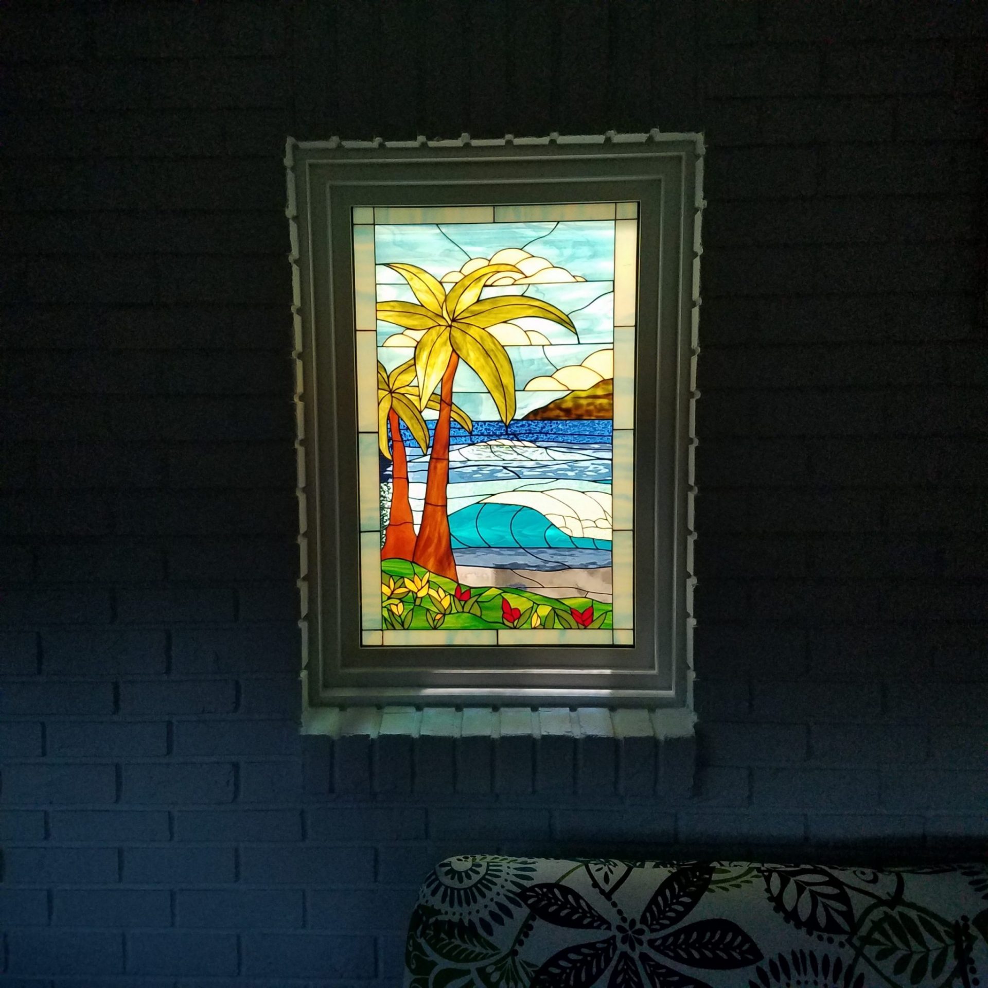 Stained Glass Palm Tree Window In Shower Area