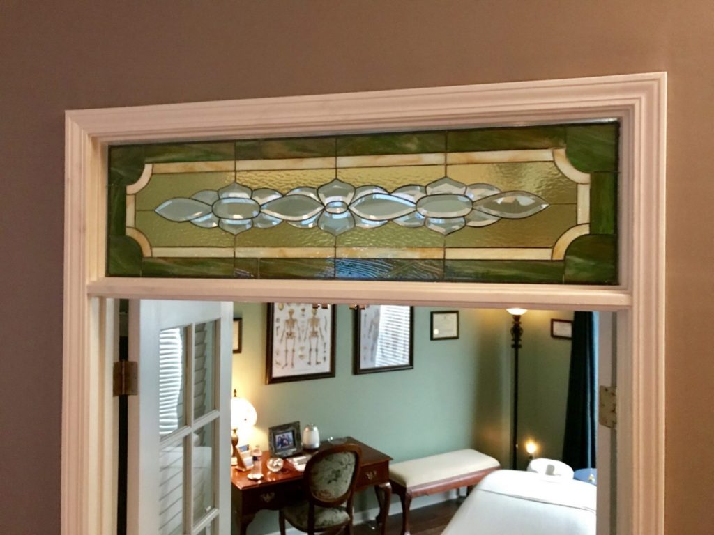 Classic Interior Transom Stained & Beveled Window Above Livingroom Entrance